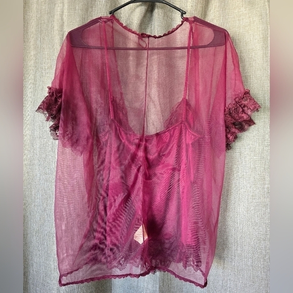 Vintage Lingerie Top With Matching Cover Up Maroon Lace Bows Size M - Picture 2 of 6
